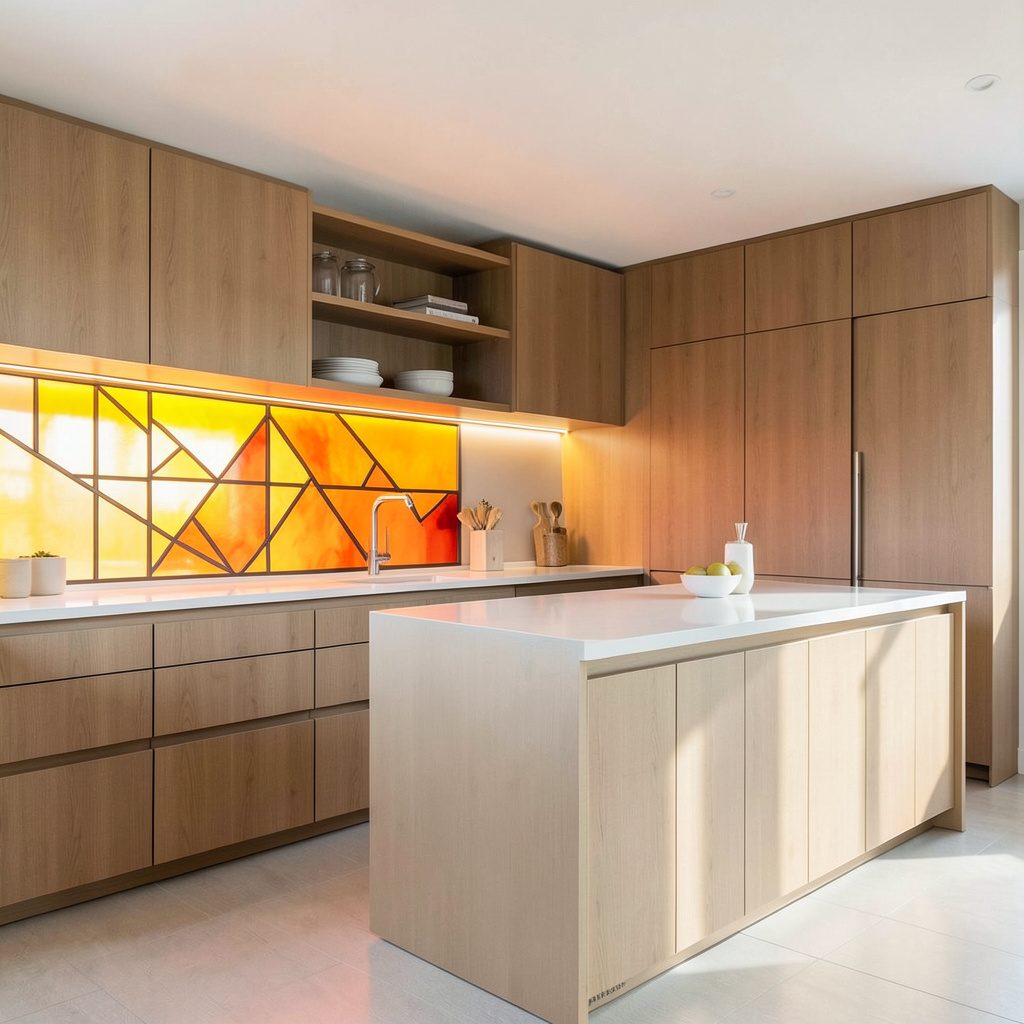 A bright modern kitchen with sleek flat-panel cabinetry in warm wood tones, open shelving, and a minimalist island, bathed in soft natural light.