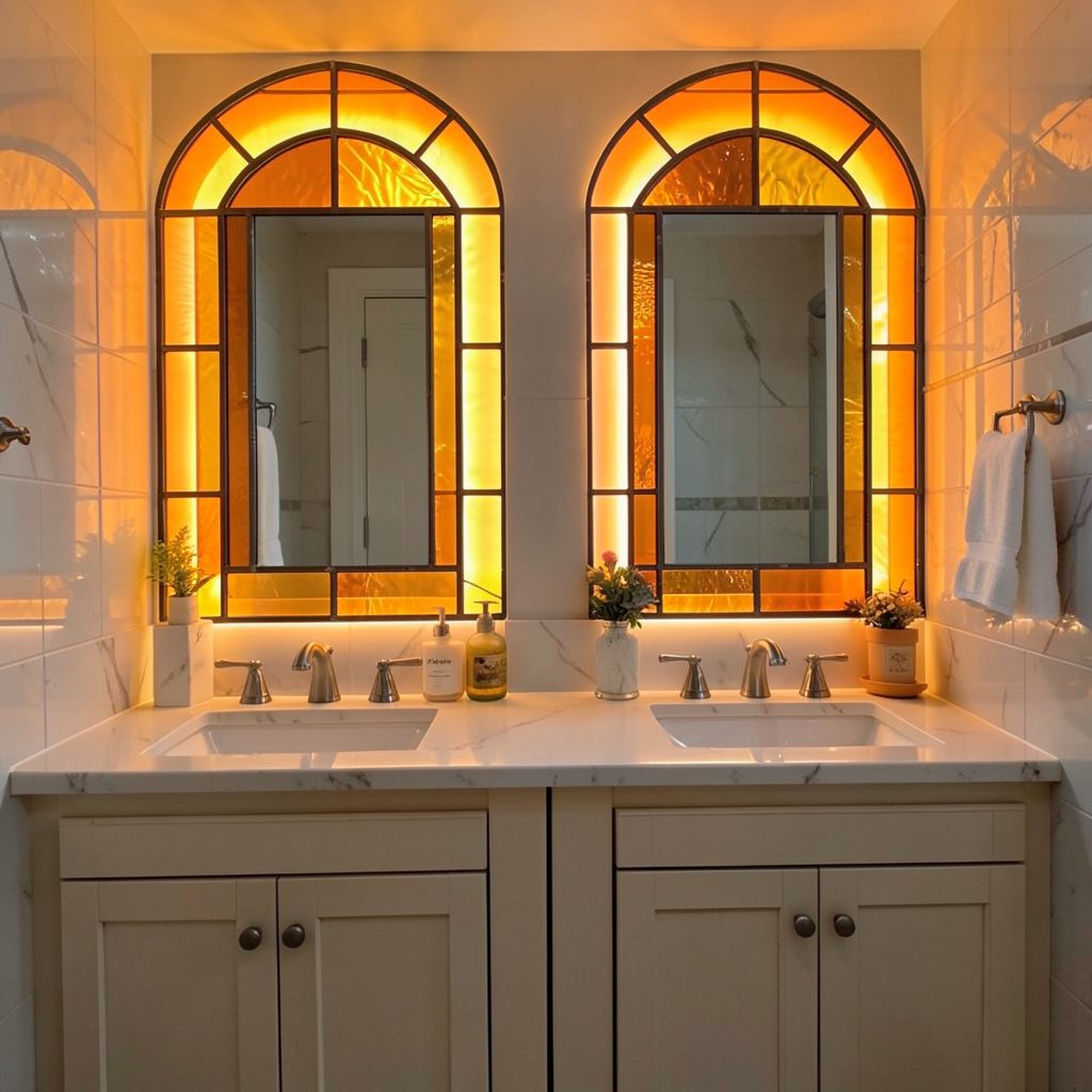 A bright bathroom with a double-sink vanity, round mirrors, and warm brass fixtures against pale walls.