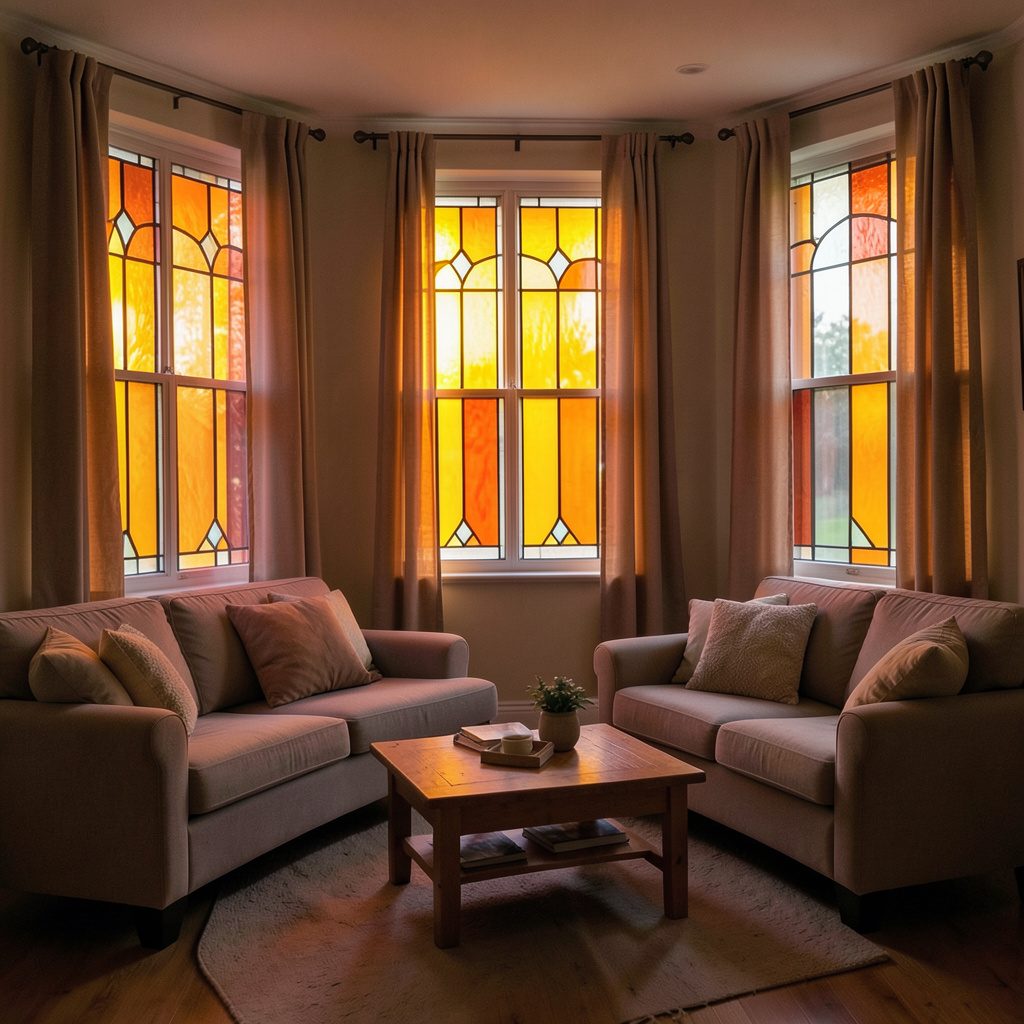 A cozy living room centered on a plush beige couch with layered cream and sand-toned pillows, soft natural light, and simple curtain panels