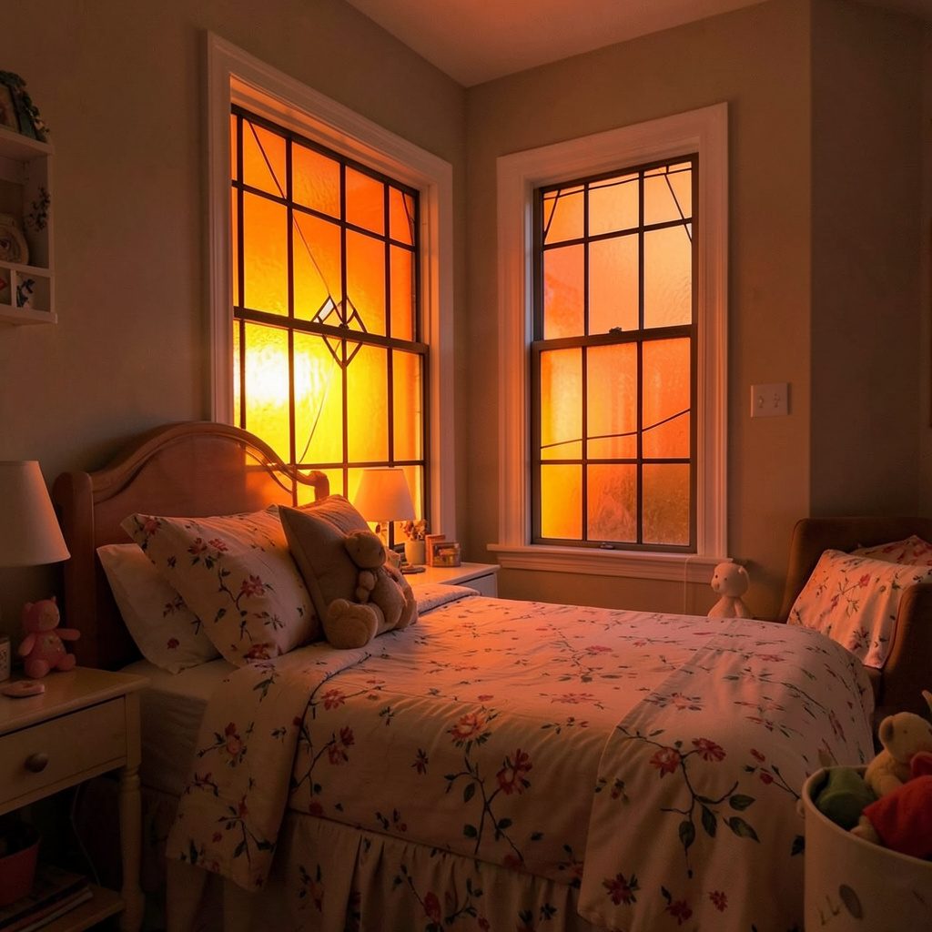 A delightful girl's bedroom with soft pastel walls, canopy bed, and plush textiles in blush and cream tones