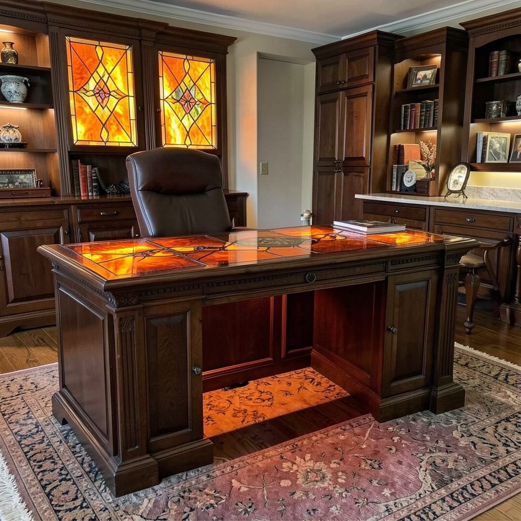 A traditional executive home office desk in rich dark wood tones with ornate detailing, set against warm beige walls.
