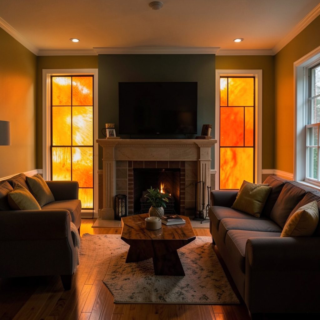 A warm, inviting living room with soft beige walls, a plush sofa, and natural light streaming through sheer curtains, creating a calm and cozy atmosphere.