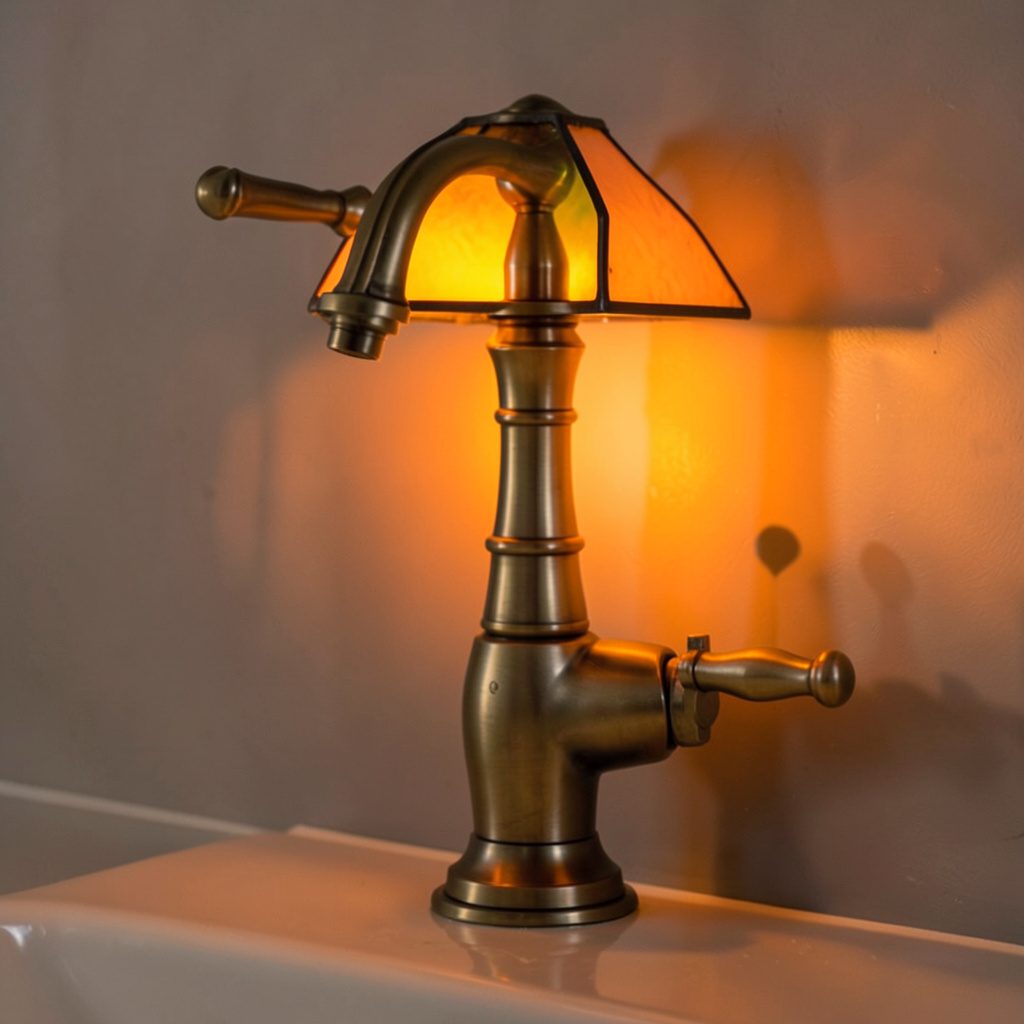 Antique brass centerset bathroom faucet with two lever handles, mounted on a white porcelain sink