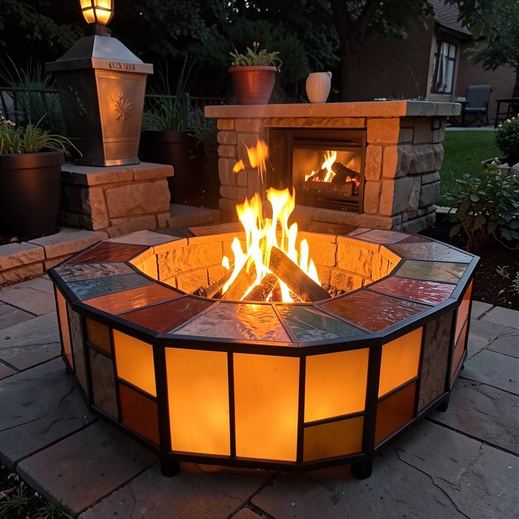 A custom outdoor fireplace with stone surround and a seating area, set against a dusky sky, warm and inviting.