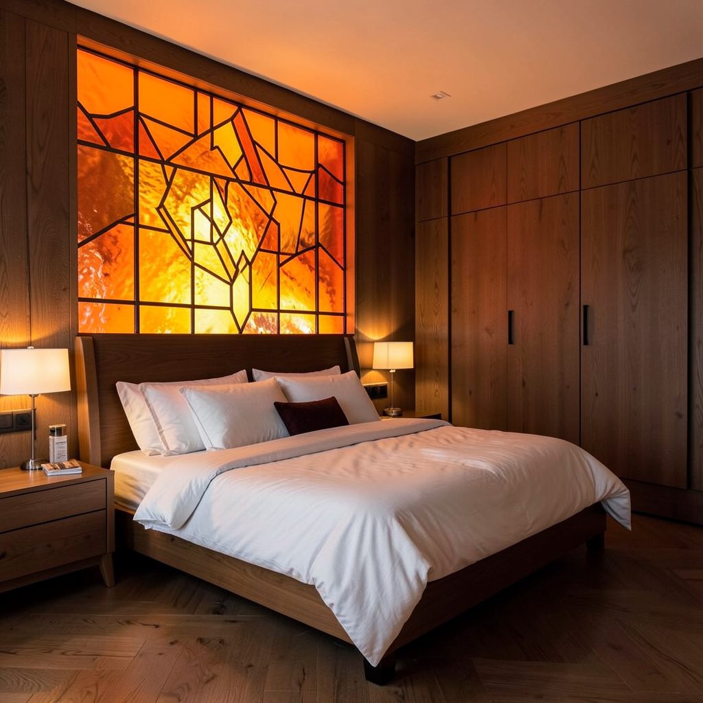 A modern wooden bed frame in a serene bedroom with neutral bedding and soft ambient lighting, evoking restful comfort.