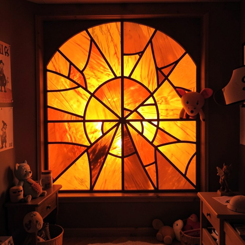 A pirate-themed kids' bedroom with nautical decor, ship motifs, and warm wood tones against soft blue walls