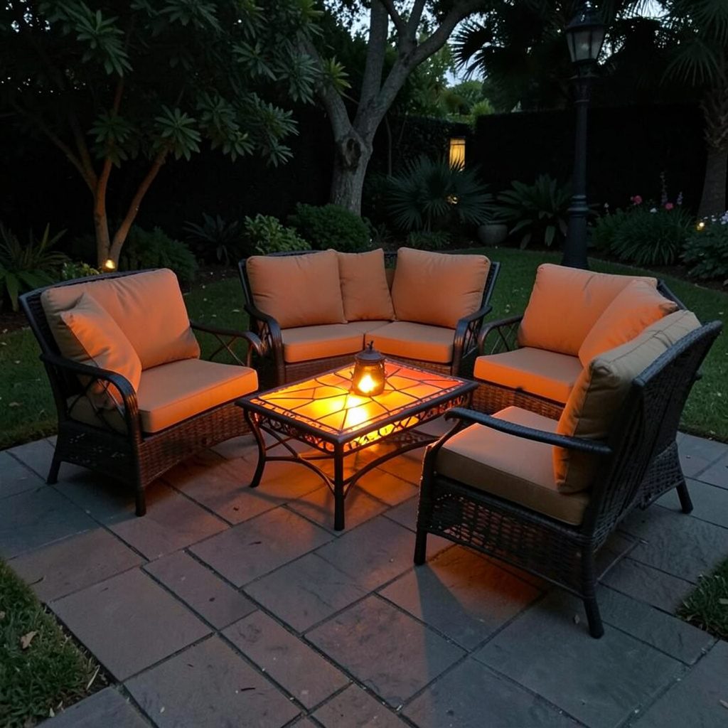 A four-piece outdoor patio lounge set with cushioned seating in neutral beige tones, arranged on a stone terrace.