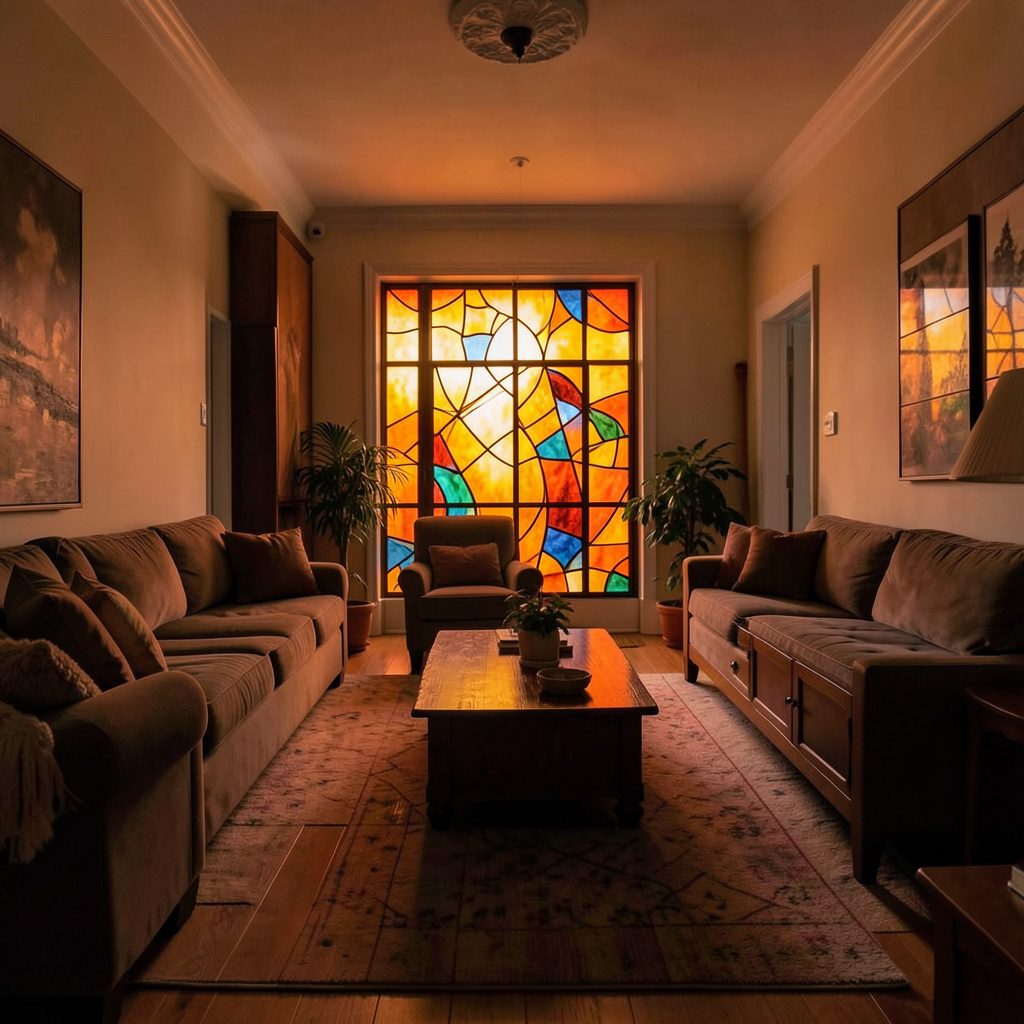 A long, narrow living room styled with a streamlined sofa, light walls, and carefully placed decor that makes the space feel open and airy.